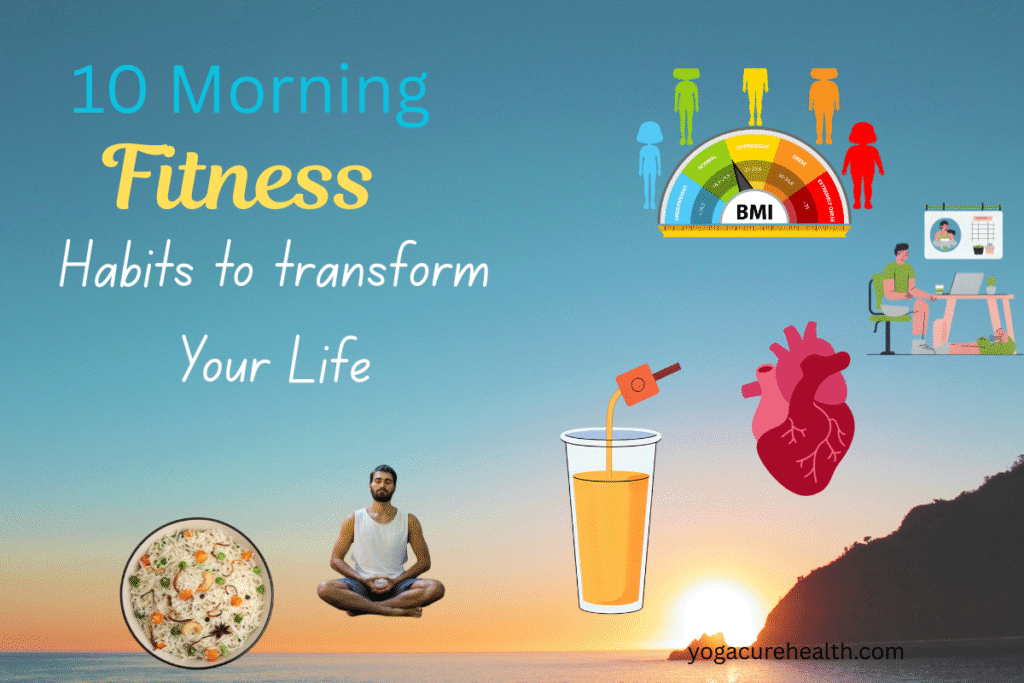 Morning fitness routine with hydration, stretching, mindful breathing, protein meals, early movement, journaling, avoiding phone use, meal planning, sunlight exposure, and gratitude for building daily healthy habits.